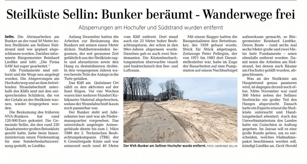 Zeitungsartikel Abbruch Bunker Sellin